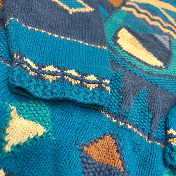 Vintage Hand Knit Cotton Sweater Turquoise Blue Tan Rolled Collar Unisex M/L - Picture 4 of 10